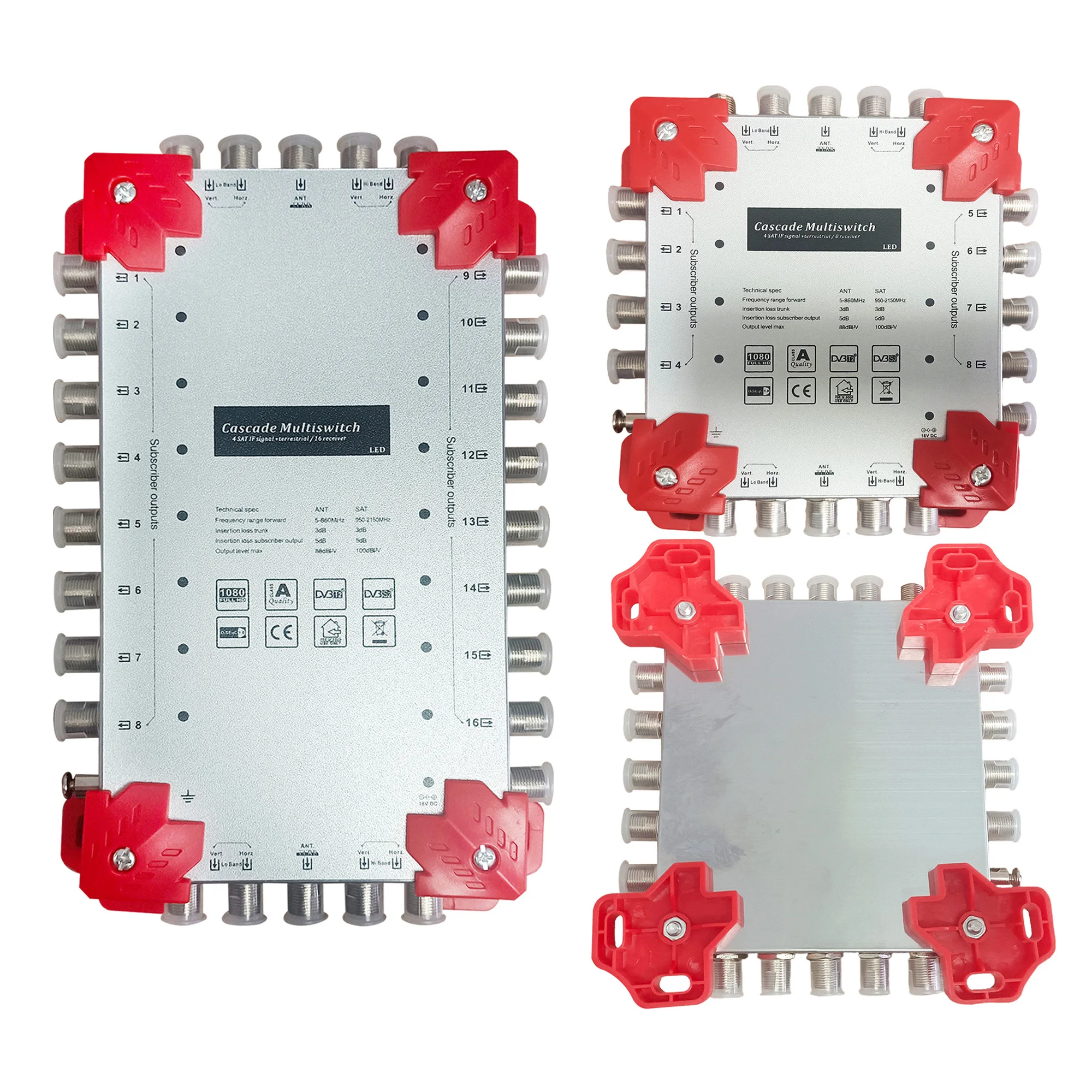 5-in-16-out, 5-in-8-out satellite signal multiswitch; cascaded multi-input/multi-output; 13V/18V/22K DiSEqC signal distributor