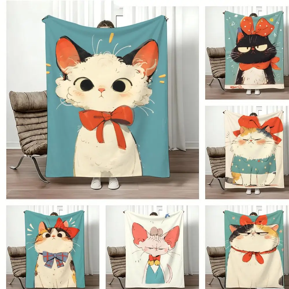 Manta de Franela Ligera de Blanket con Diseño de Gatos con Lazo, Suave y Agradable al Tacto, Ideal para el Verano