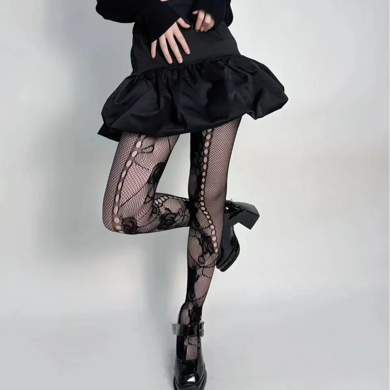 

Y2K Floral Jacquard Sexy Stockings Women Gothic Punk Black Fishnet Pantyhose Harajuku Lolita Irregular Rose Holes Mesh Tights