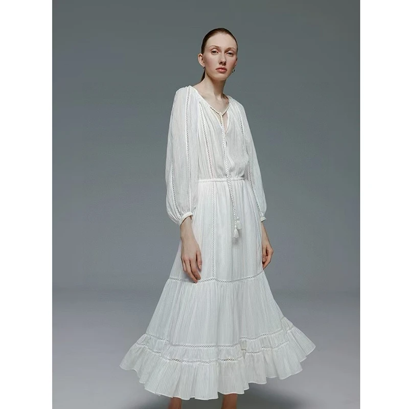 

New Arrival Summer Women Beach Style A-line Dress Three Quarter Sleeve Hollow Out Patchwork Good Quality Cotton Dresses Y114