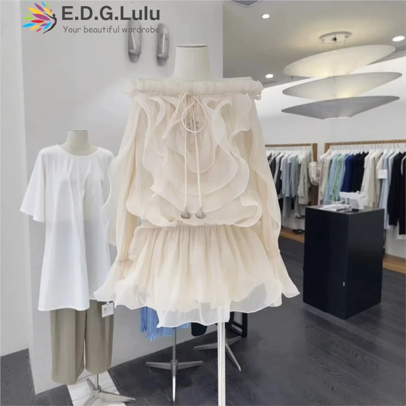 EDGLuLu Design Irregular Ruffl Sweet Party Dress Drawstring Square Collar Flared Sleeves Mini Dress +Shorts 2 Pieces Outfit 0424