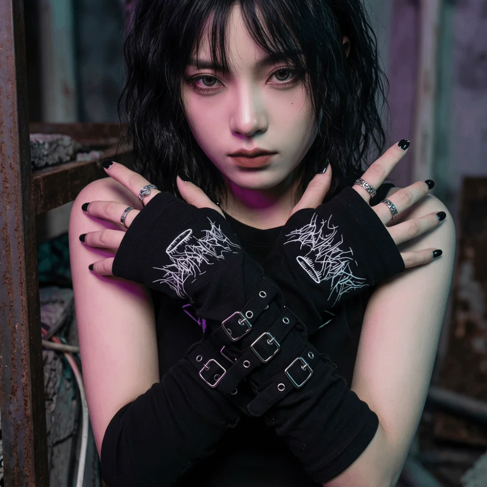 Polyester Subculture Style Arm Sleeves Thorns Pattern Letters Embroidered Design Sun Protection Gloves White Color
