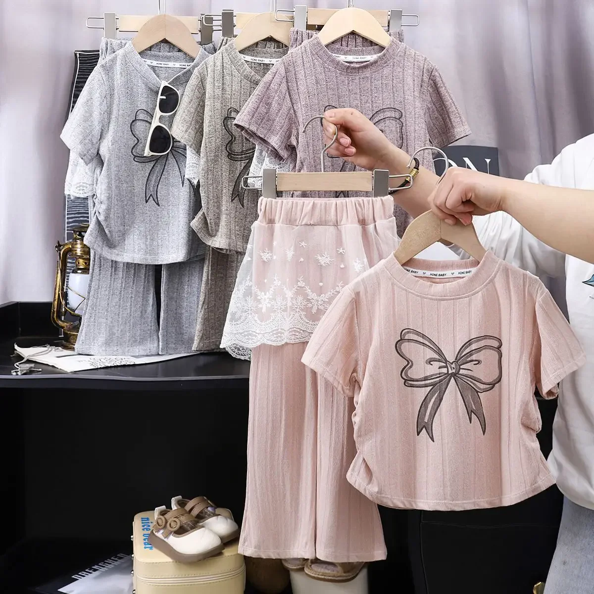 Girls Fashion Sets Summer Kids Bow T-Shirt + Mesh Lace Stitched Pants 2Pcs Children Clothes Suit Baby Short Sleeve Outfits 2-10Y