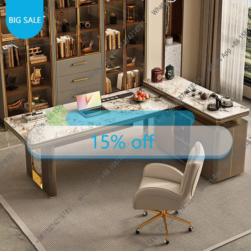 

H New Light Luxury Desk And Chair Combination Corner Office Computer Table Rock Slab Integrated Boss Table Minimalist