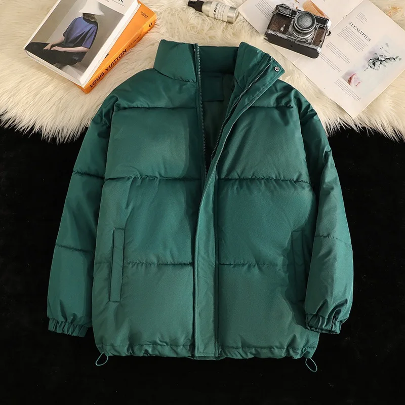 Green Stand Collar Puffer Jacket Women Loose Short Bread Coat Drawstring Hem Warm Winter Quilted Outerwear with Side Pockets