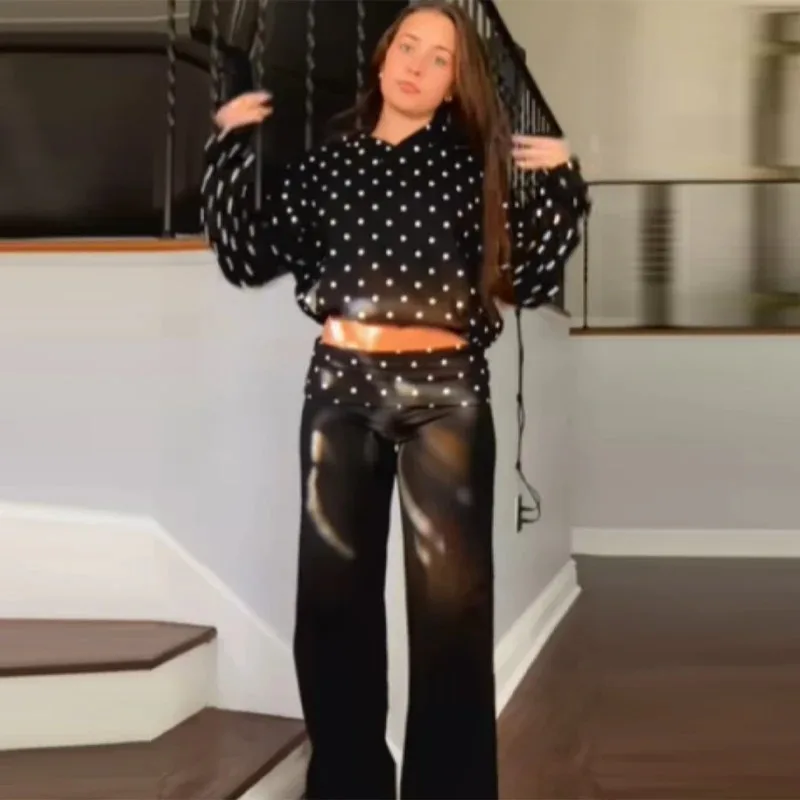 

Casual Polka Dot Hooded Jacket Pantsuit Women Fashion Long Sleeve Pullover High-waisted Trousers Sets New Spring Lady Streetwear