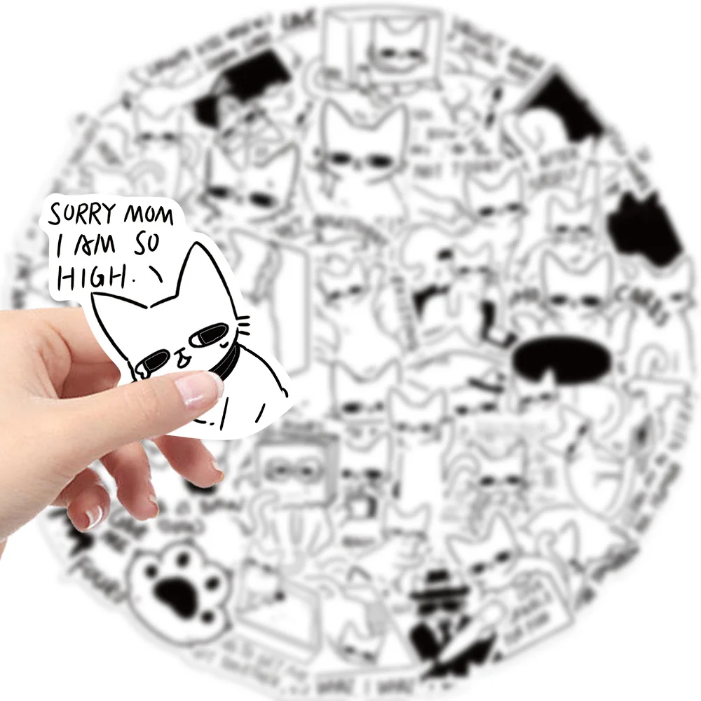 50pcs Black and White Cat MEME Cartoon Graffiti Stickers Phone Guitar Laptop Notebook Suitcase Water Bottles Waterproof Sticker