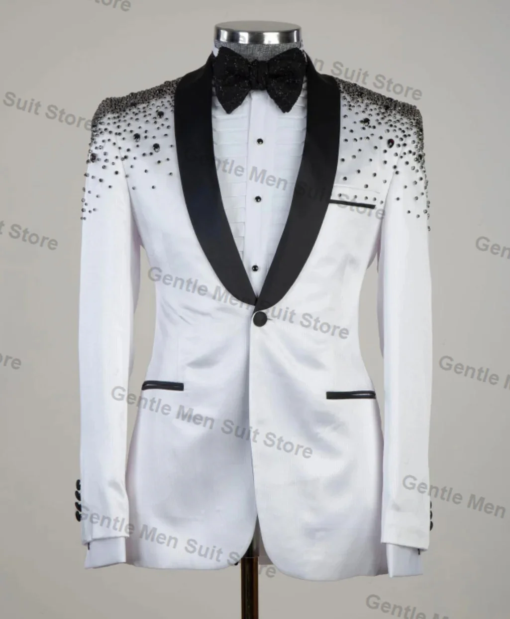 

Luxury White Men Suits Set 2 Piece Blazer+Pant Prom Groom Wedding Tuxedo Coat Tailored Made Black Beaded Business Office Jacket