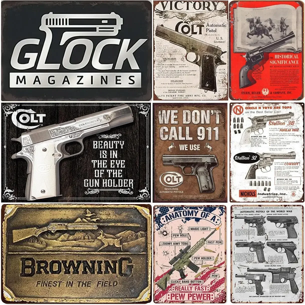 Vintage Metal Tin Signs HD New Pistol Browing Colt Remington Posters For Home Garage Bar Club Cafe Man Cave Art Wall Decor