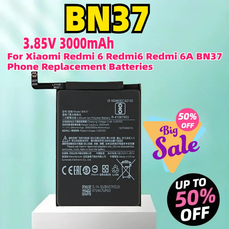 

BN37 3.85V 3000mAh Battery For Xiaomi Redmi 6 Redmi6 Redmi 6A BN37 Phone Replacement Batteries