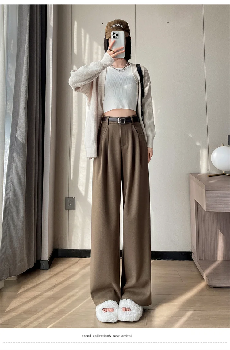 2023 Autumn and Winter New Wool Blended Wide-Leg Pants Straight Mopping Pants High Waist Slim Lengthened Casual Pants for Women