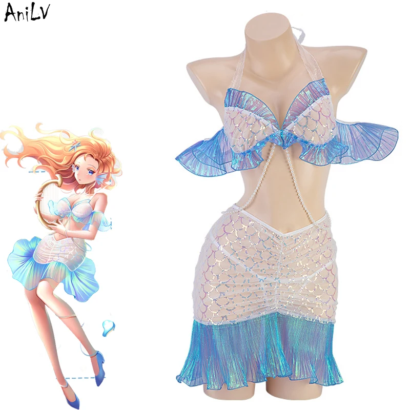 Anilv neue Frauen Meerjungfrau Serie Uniform Cosplay Karneval Pool Party Meer Prinzessin Blings glänzende Schuppen Kleid Outfits Set Kostüme