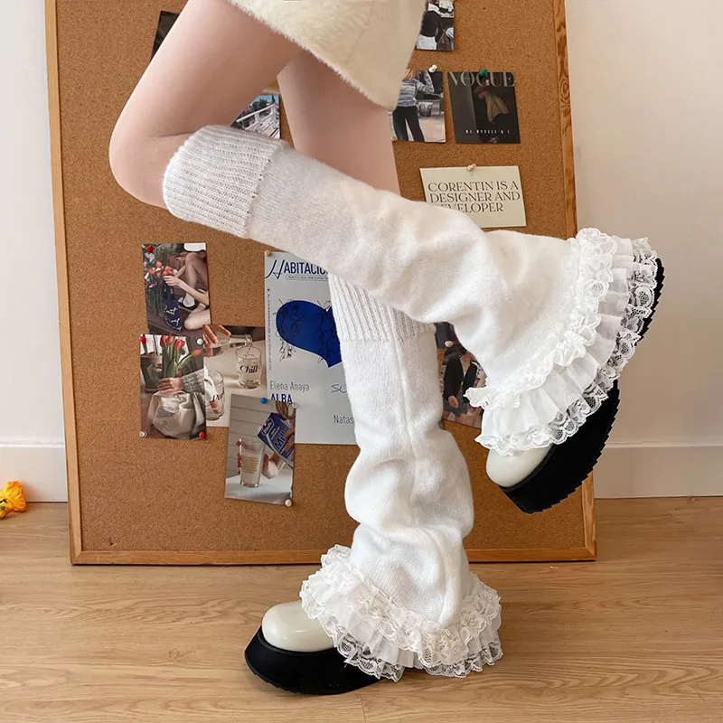 

1 Pairs Kawaii Lolita Black Women Leg Warmers Autumn Winter Knitting Thickened Warm Y2K Harajuku Loose Lace Ruffles Pile Socks