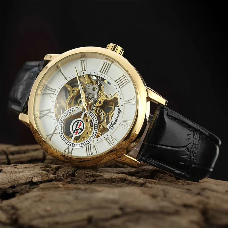 Forsining Transparent Case Fashion Roman Numerial Analog Display Skeleton Hollow Engraving Gold Bezel Mechanical Watches Winner