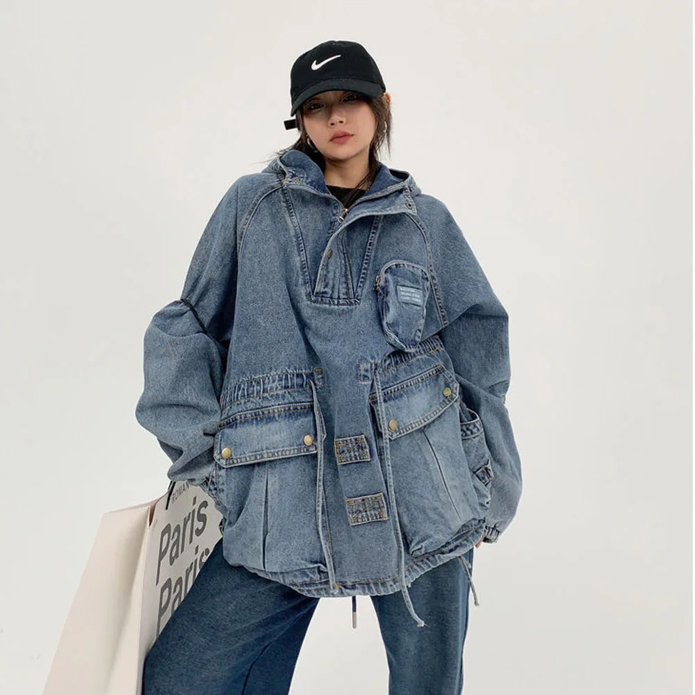 Denim Coats Loose Retro Pullover for Women and Men Jacket Motorcycle Long Sleeve Mid Length Hoodeds Outerwear Pocket Streetwear