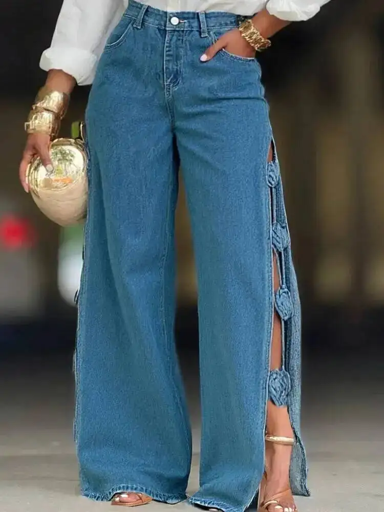 European And American Style Hollowed Out Three-dimensional Flower Straight Leg Jeans For Women Spring 2026 OIE3