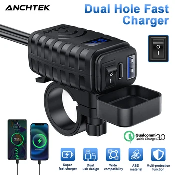 Anchtek 48W motorfiets USB-oplader QC3.0 & PD Quick Charge 3.0 motorfiets USB Type C telefoonoplader met voltmeter en aan/uit-schakelaar