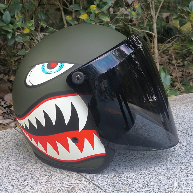 3 أنماط الرجعية العسكرية الخضراء شخصية القرش طباعة نصف خوذة دراجة نارية خوذة الرجال سميكة مريحة بطانة قابلة للإزالة
