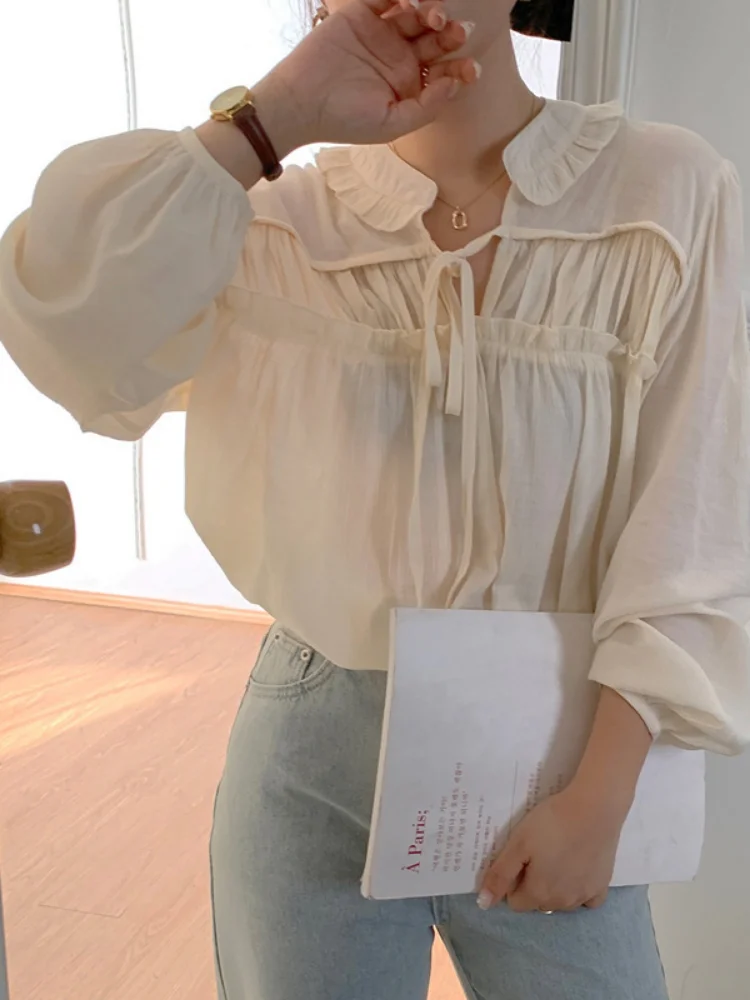 Woherb 2024 Blusas Mujer Korean Chic White Blouse for Women V Neck Sweet Ruffles Shirts Long Sleeve Loose Elegant Blouses Tops