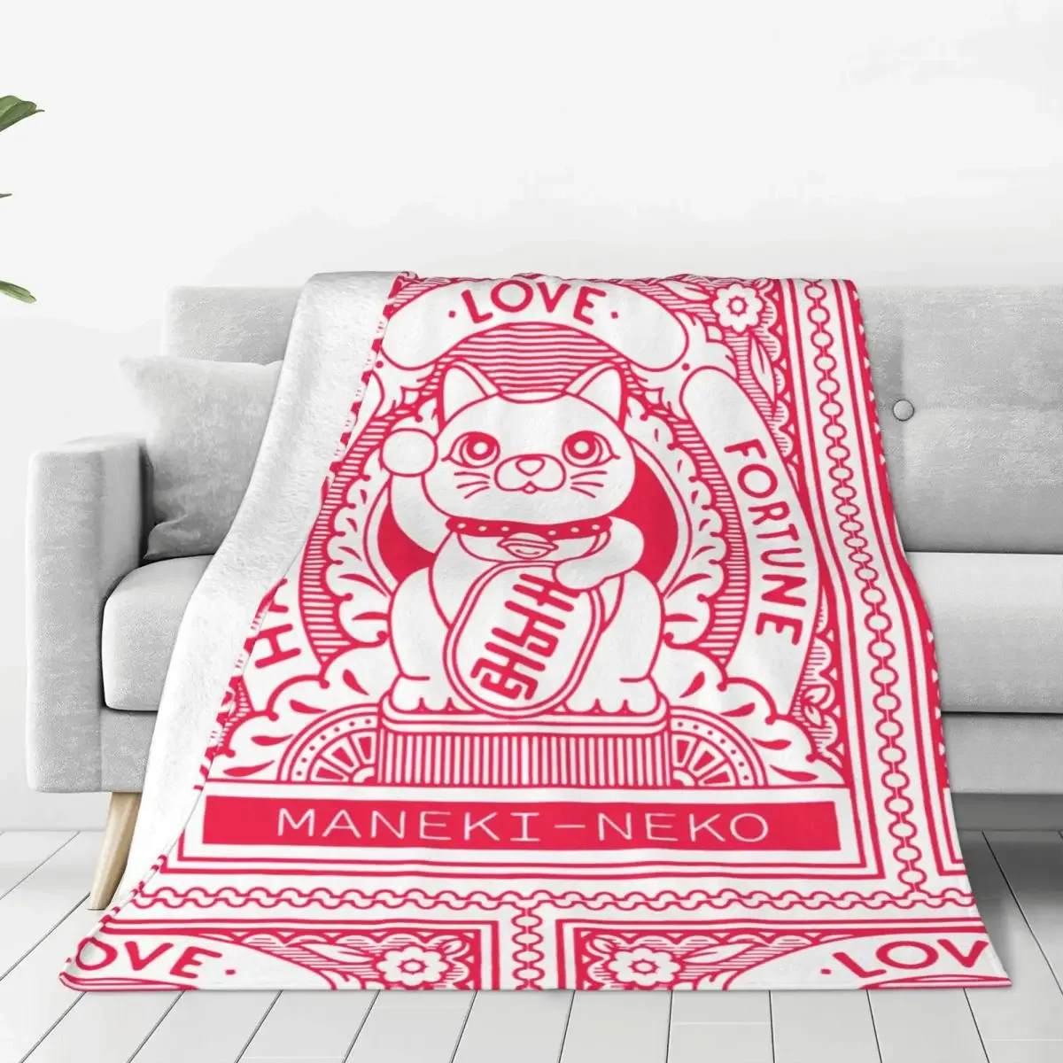 Maneki Neko Stamp Blanket Cover Fleece Japan Lucky Cat Fortune Cat Super Soft Throw Blanket for Bed Bed Rug