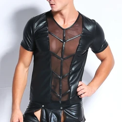 Sexy Men's Faux Leather Black T-Shirt Slim Mesh Patchwork Tops Short Sleeve Tees Men Wet Look Latex Nightclub Catsuit T Shirts