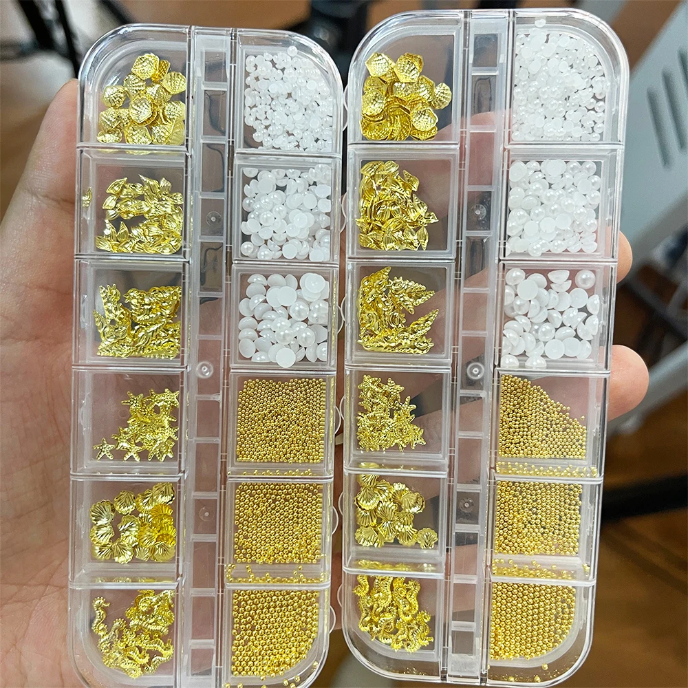 12가지 색상 골드 쉘/불가사리/진주/메탈 비즈 네일 참 3D 믹스 오션 테마 네일 아트 장식 여름 매니큐어 주얼리 액세서리