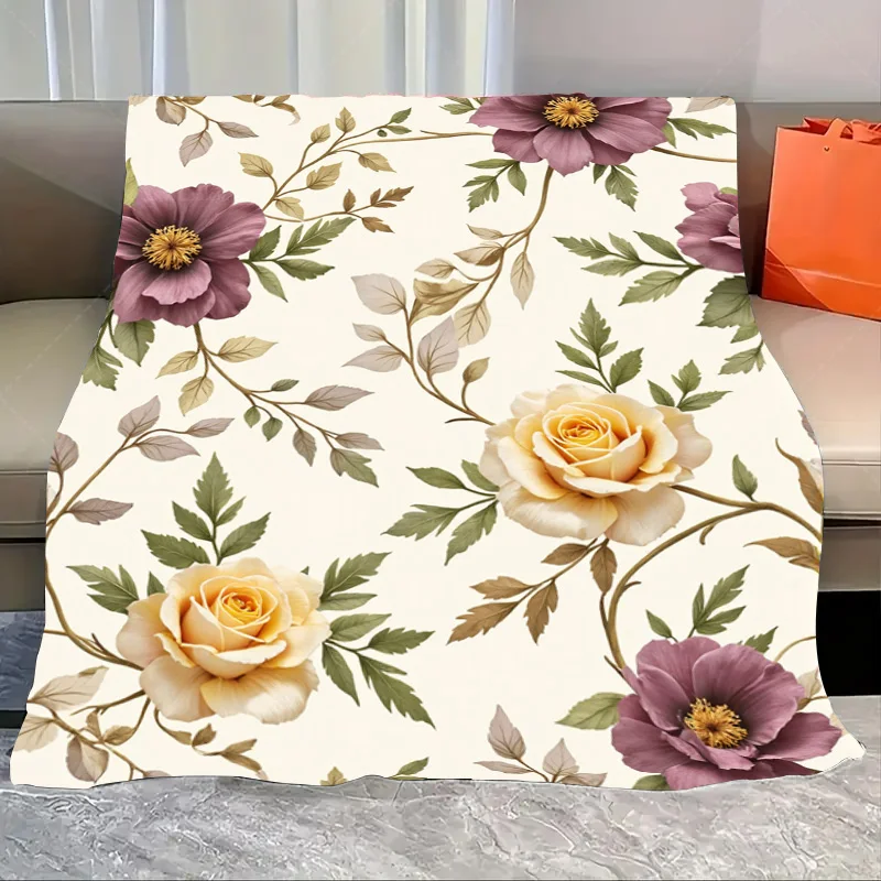 

1pc Flannel Blanket Elegant Floral Rose Print Throw Blanket for Cozy Home Decor