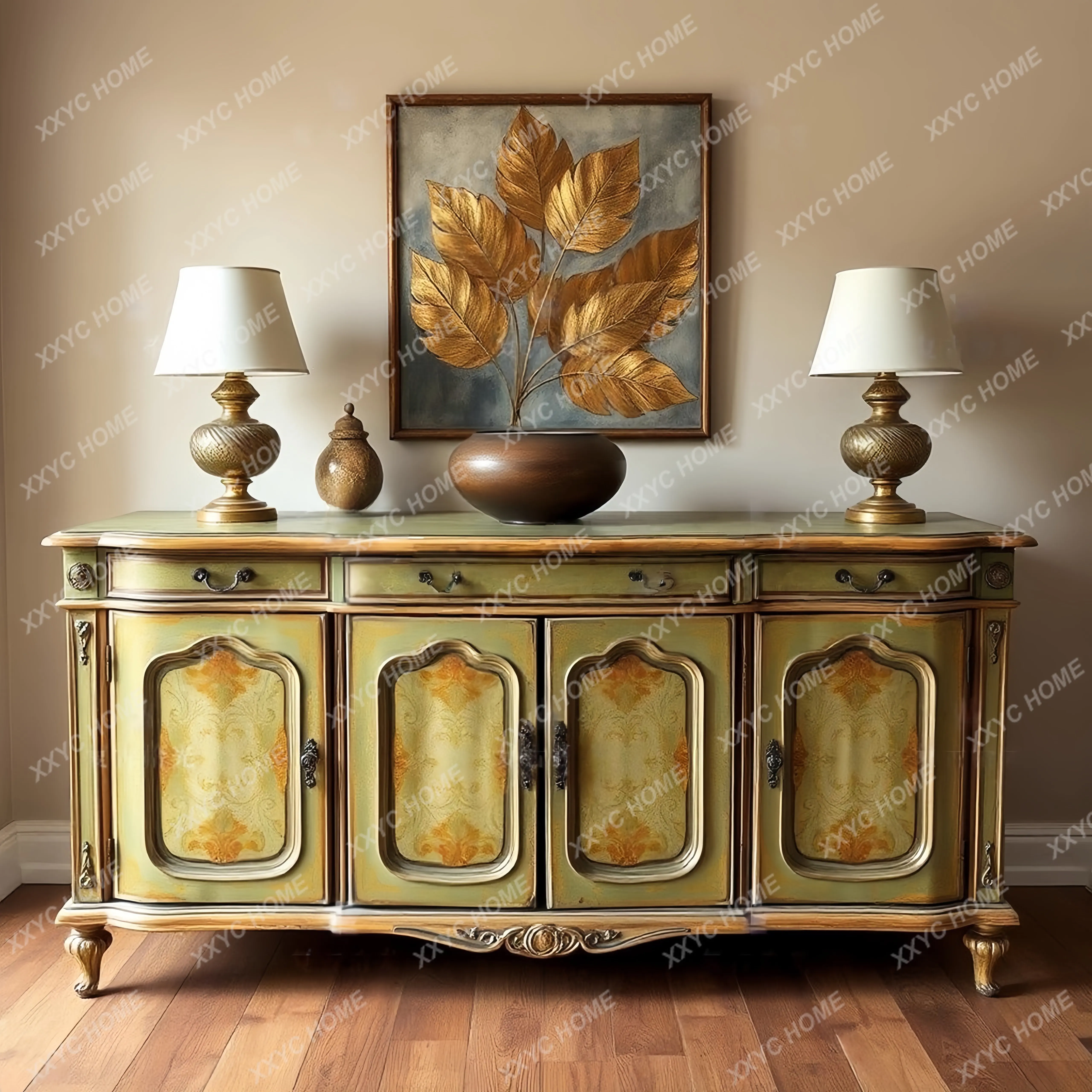 Retro light pickup retro solid wood carving flower entrance cabinet living room painted decorative cabinet home locker display