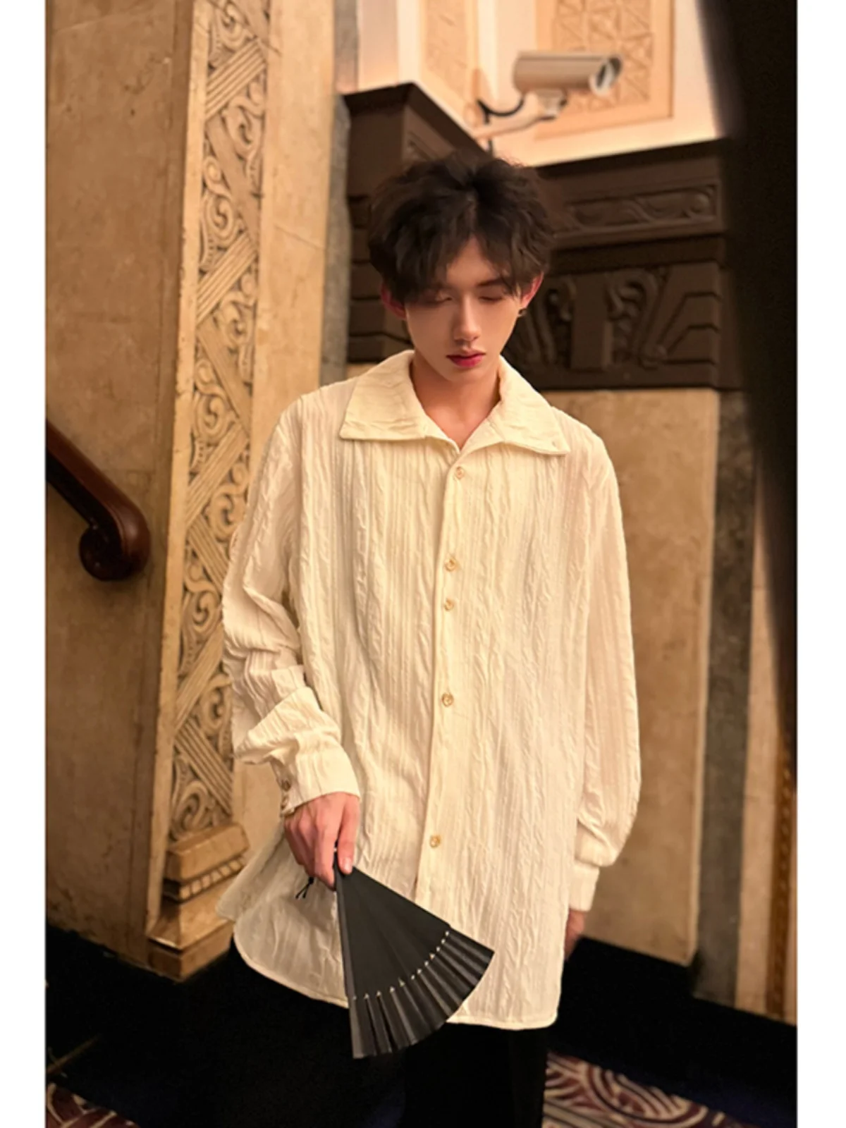 

Textured White Spring irt Men's Long Sve Spring Autumn Sle American Trendy Brand Naples National Sle Jaet