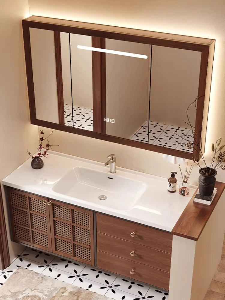 

Универсальный шкаф для ванной из ротанга, комбинированный с керамической раковиной, тумба под умывальник из массива дерева