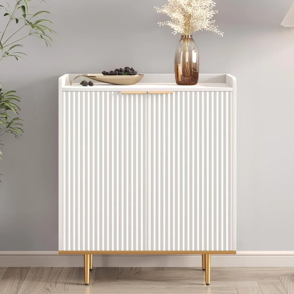 Coffee Bar Cabinet with Drawers & Shelf, Fluted 2 Door Buffet Sideboards, Freestanding Liquor Cabinet with Wine Rack & Glass Hol