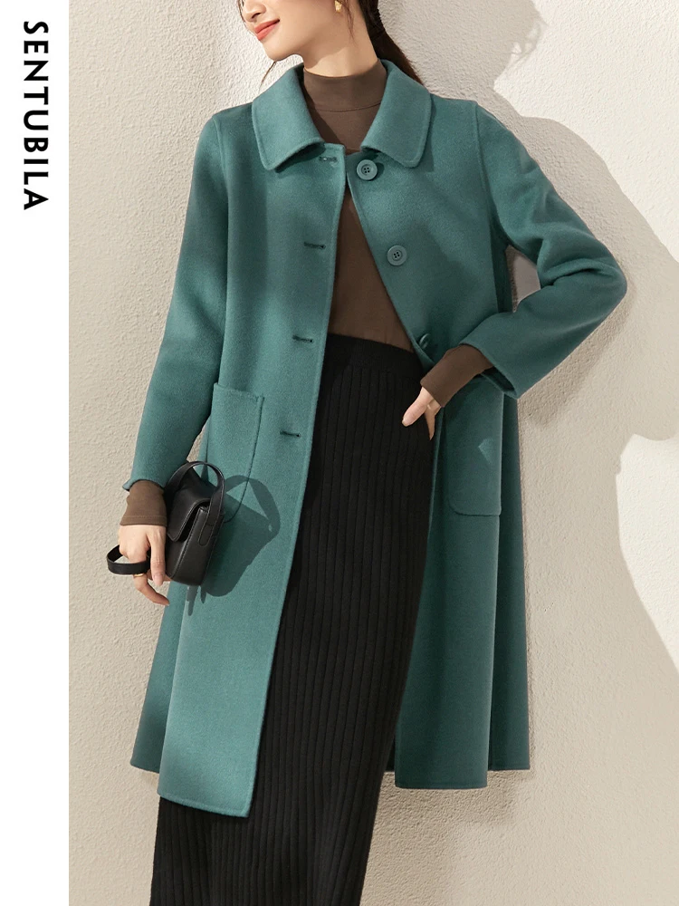 

SENTUBILA Winter Warm 100% Pure Wool Coat Women Lapel Double-faced Single Breasted Windbreaker Long Overcoat Woman W14O36541