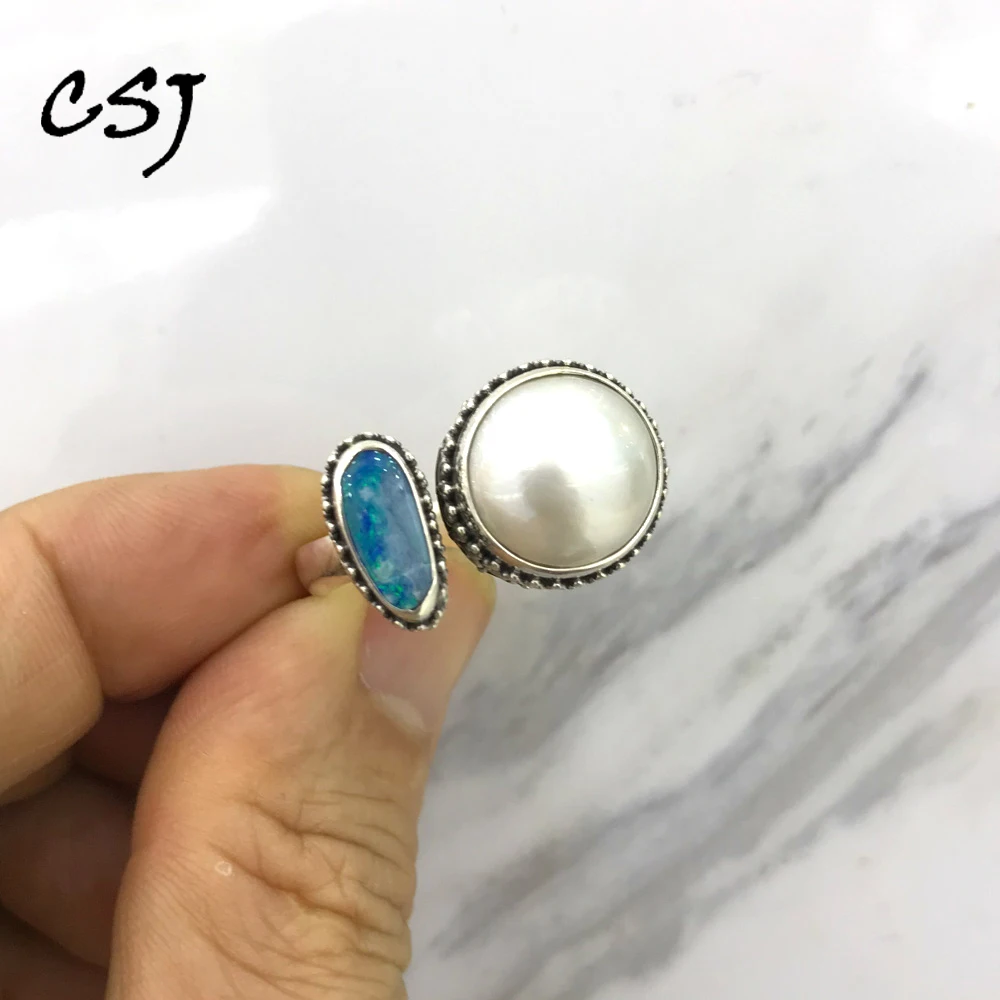 

CSJ Vintage Natural Australia Opal Rings Sterling 925 Silver Mabe Pear 12mm for Women Birthday Party Jewelry Gift