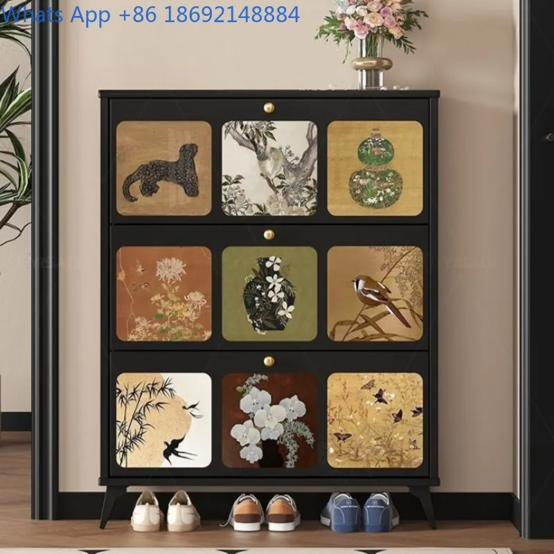 

French-style Black Retro Ultra-thin Flip Shoe Cabinet Wall-mounted Large Capacity Entryway Shoe Rack