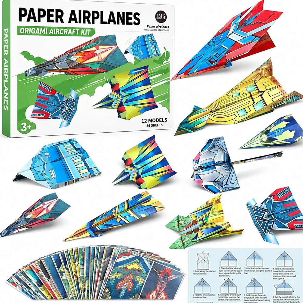 12-36 Classic World Record Paper Airplane Kit Colorful Origami Folding Paper DIY  Craft Toys Educational Gifts for Kids  Student