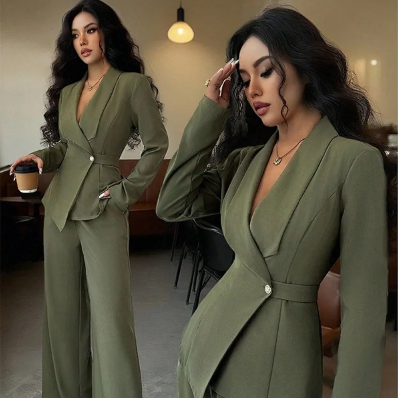Women Waist Belt Irregular Blazer Wide Leg Pants Set Elegant Office Two Piece Outfit