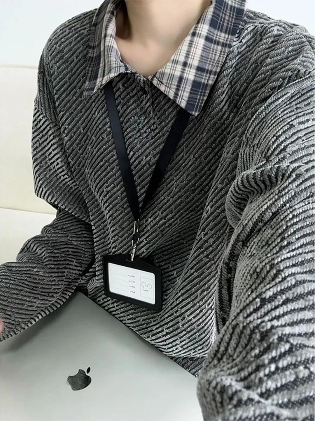 

American Sle Long Sve irt Men's Design Sense Plaid irt Collar Splicing Fake Two-Piece Sweatirt irt