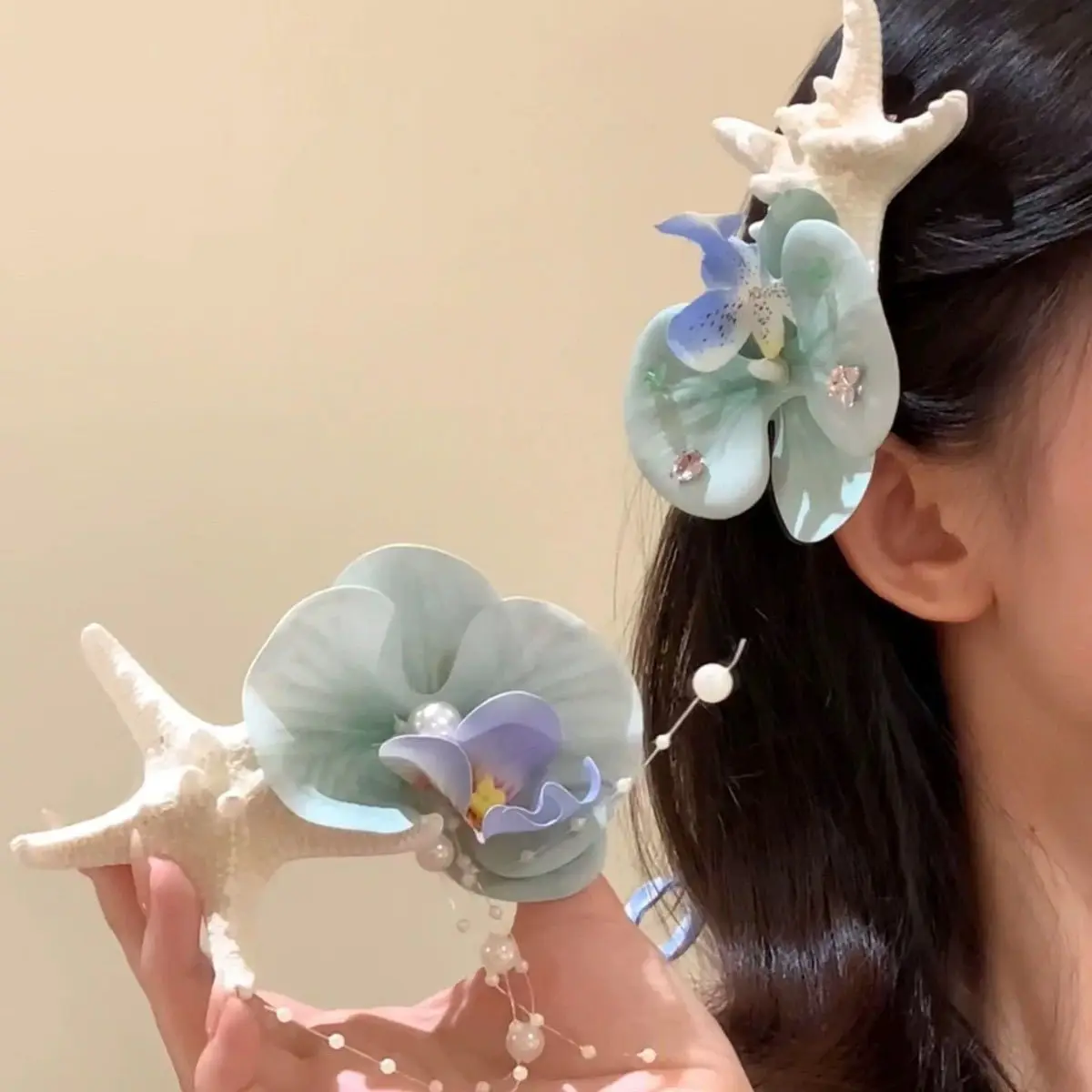 Romantic Island Style Summer Hairpin, Starfish Phalaenopsis Flower Side Bangs Clip, Women Seaside Vacation Hair Accessories