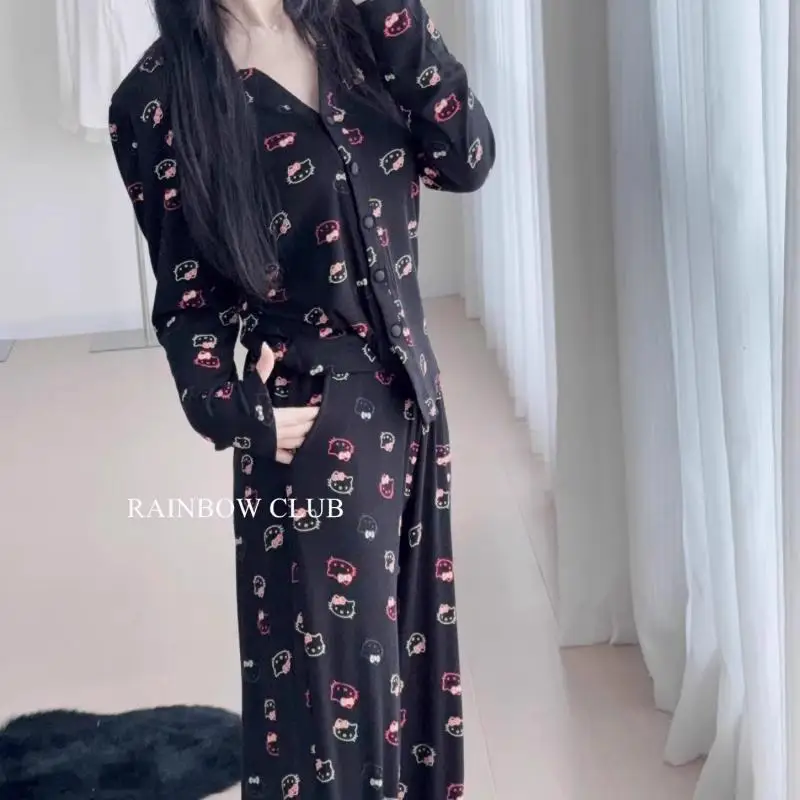 

Горячая пижама Sanrio Girl с v-образным вырезом и подушкой на груди, костюм Kawaii Hello Kitty, модная весенняя одежда в стиле аниме, одежда для отдыха на открытом воздухе