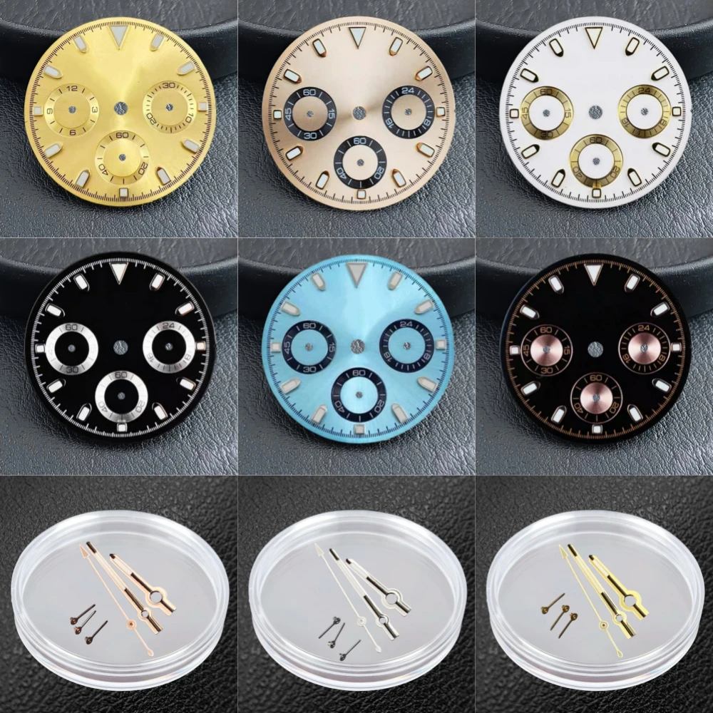 

Top Black White Gold 29.5mm VK63 Green Blue Luminous Watch Dial Hands Sterile Watch Automatic Movement Parts for 39mm Watch Case