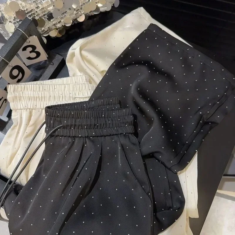 Pantalones con diamantes para mujer, Pantalón recto de cintura alta, informal, con cordón, cintura elástica, Pantalones rectos negros con cuentas, novedad de verano