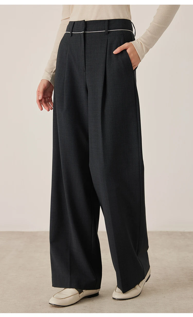 KL9523338 Hoch taillierte Hose aus Wollmischung mit weitem Bein für Damen, plissierte Vorderseite, Herbstmode, Damenbekleidung – Detail 8