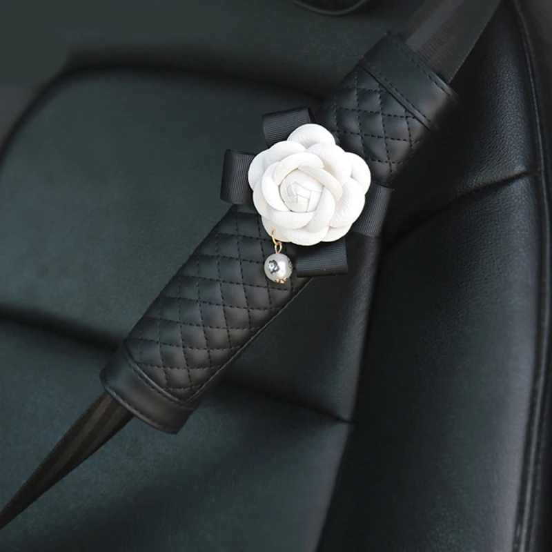 2pcs Camellia Flower Car Safety Seat Belt Cover Pu Leather Shoulder Pad Car Styling Seatbelt Cover Car Accessories for Women