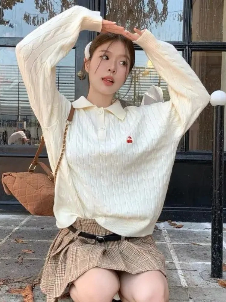 

Рубашки поло с вишневой вышивкой в американском консервативном стиле, вязаный свитер, бежевый, розовый, джемпер с длинными рукавами, топы, зима-осень Y2K