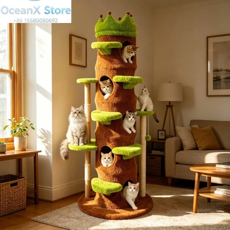187CM Tall Indoor Cat Tree Tower Large Vibrant Green Cat Climbing Tree Activity Tower Crown-shaped Perch Plush Stairs Cat Condo