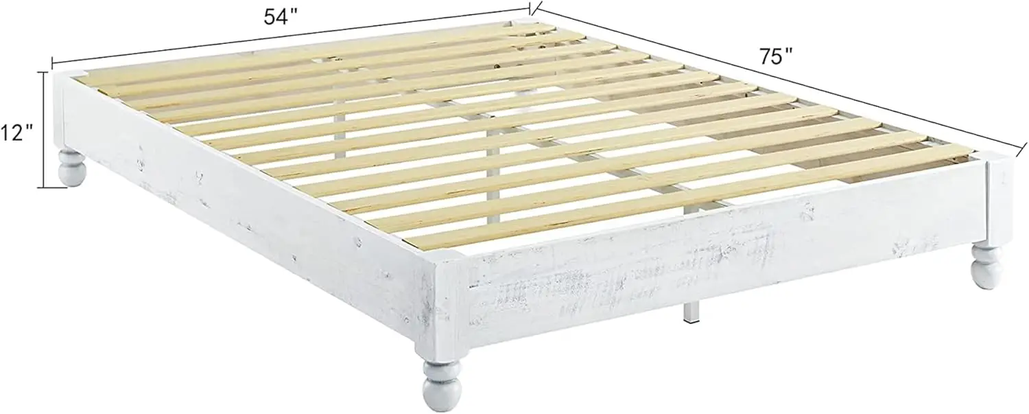 Moldura madeira maciça plataforma cama, fundação do colchão, branco lavado acabamento, estilo rústico completo, nenhum Boxspring necessário