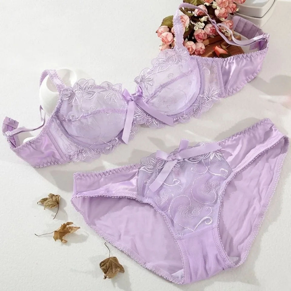 Women Bra and Panty French Embroidery Lace Bralette Wireless Triangle Cup Bra  Elegant Thin Straps Small Chest Cover Lingerie