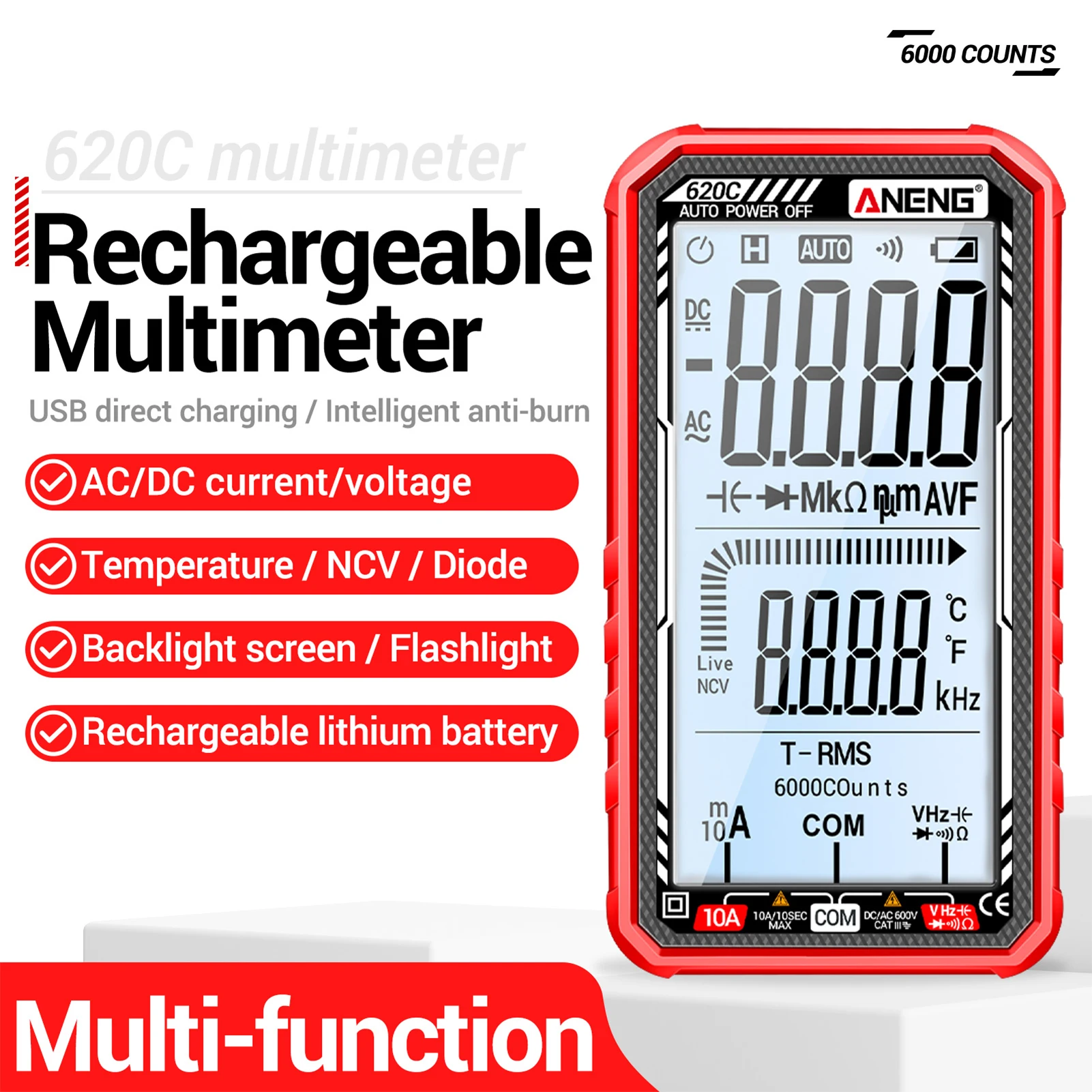 

ANENG 620C Digital Multimeter 6000 Counts Transistor Testers True RMS Auto Electrical Capacitance Meter AC/DC Ammeter Voltmeter