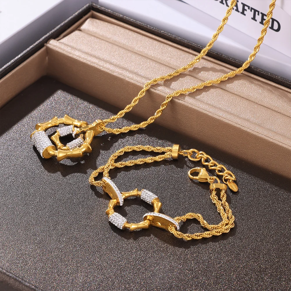 Stainless Steel Gold-Plated Bracelet Luxury Rhinestone Oval Pendant Necklace Set Women's Punk Jewelry Accessories Gift