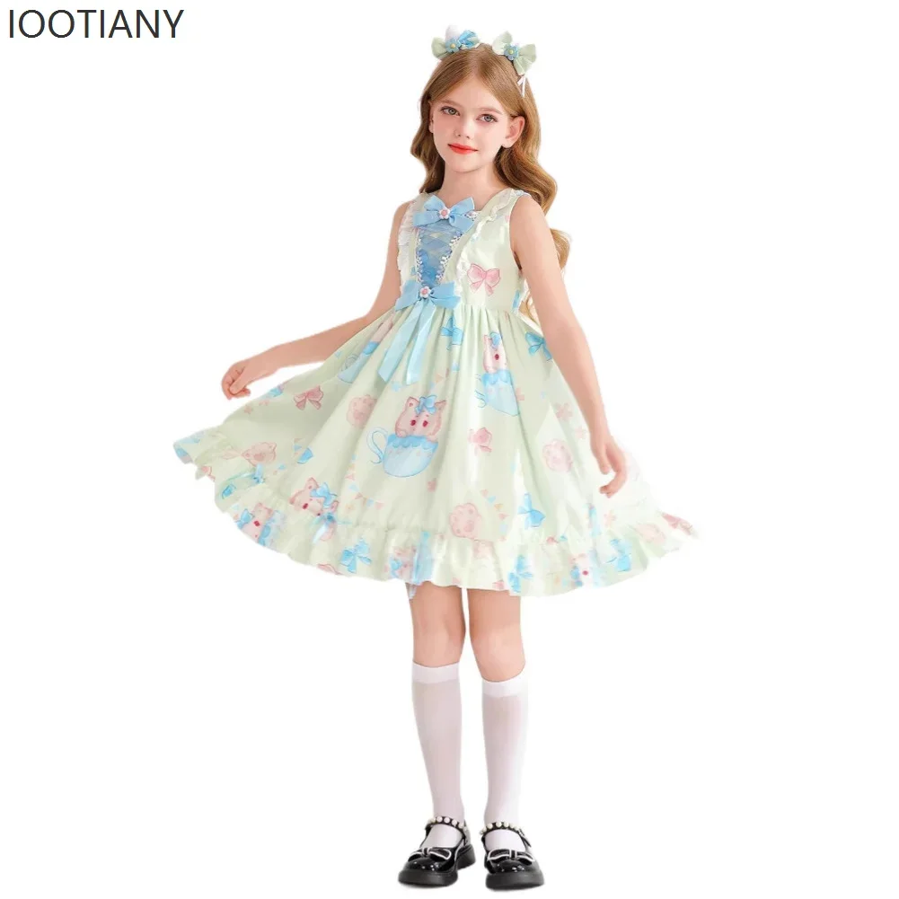 CosplayChildren's Sweet And Cute Girl Lolita Square Neck Bow Pink Rabbit Print Sleeveless Lace Girl Princess Dress Cosplay Costu